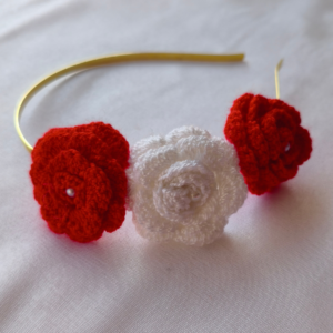 Crochet Red & White Rose Golden Hair Band