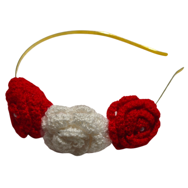Crochet Red & White Rose Golden Hair Band